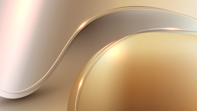Golden abstract background with elegant liquid waves, luxury metallic sphere graphic with smooth curves, modern shapes design, glowing light fluid pattern, premium backdrop texture
