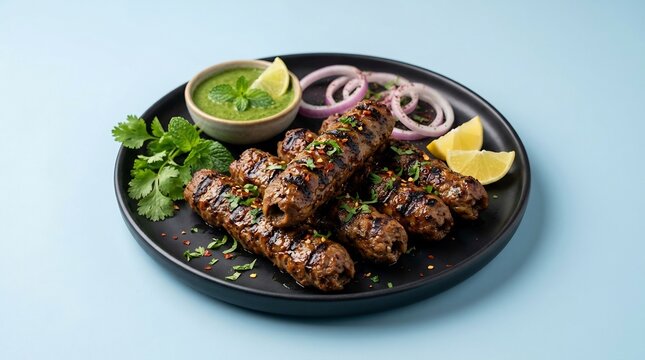 Grilled seekh kebabs served on a black plate with green chutney, sliced red onions, lemon wedges, and fresh cilantro on a light blue background