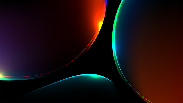Abstract futuristic digital artwork with glowing vibrant sphere curves and neon light lines in orange cyan blue over black background