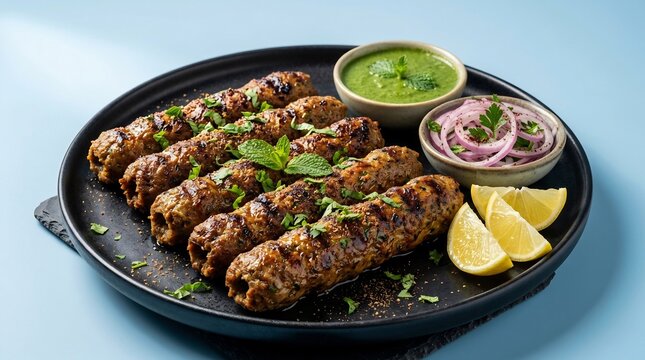Grilled minced meat kebabs served with green mint chutney, sliced red onions, and lemon wedges on a black plate