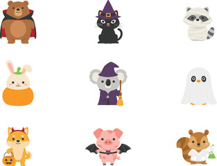 Obraz premium Cute Halloween Animals Vector Icon Set Featuring Cartoon Bear Vampire Cat Witch Raccoon Mummy Rabbit Pumpkin Koala Wizard Ghost and Bat PigKeywords