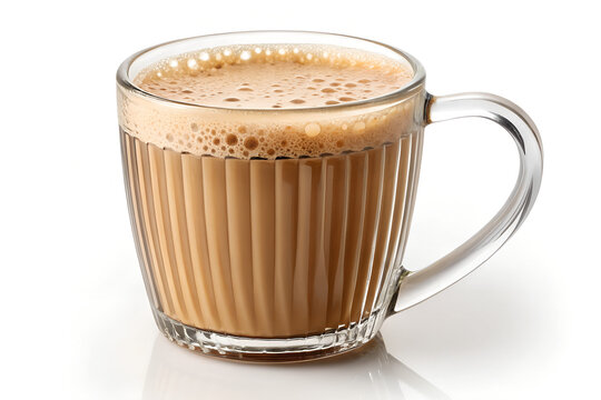 Tea in Glass Mug, Frothy Coffee Drink, Milky Hot Beverage, Ribbed Glass Latte, Brown Foamy Tea