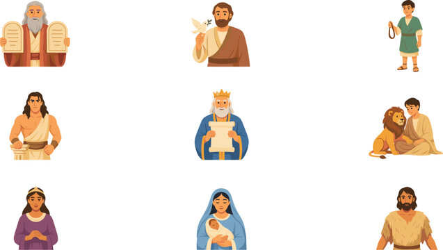 Biblical Characters and Bible Stories Cartoon Vector Illustration Set Featuring Moses Noah David Samson Solomon Daniel Mary and John the Baptist