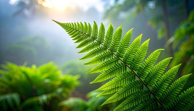Hoja de helecho verde en primer plano con fondo natural desenfocado y luz suave en un entorno de bosque h&uacute;medo