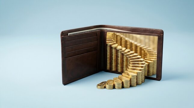 Conceptual representation of wealth featuring an open brown leather wallet with endless stacks of gold coins flowing out on a light blue background