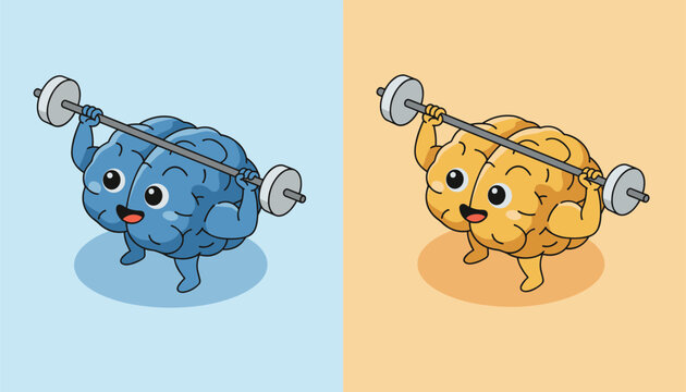 Dual-colored cartoon illustrations of powerful brains lifting heavy barbells to represent mental strength and cognitive training.