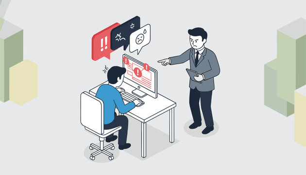 Angry boss in a suit yelling and pointing at a stressed office employee working at a computer screen filled with errors.