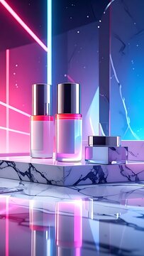 Cosmetic products on marble countertop display.