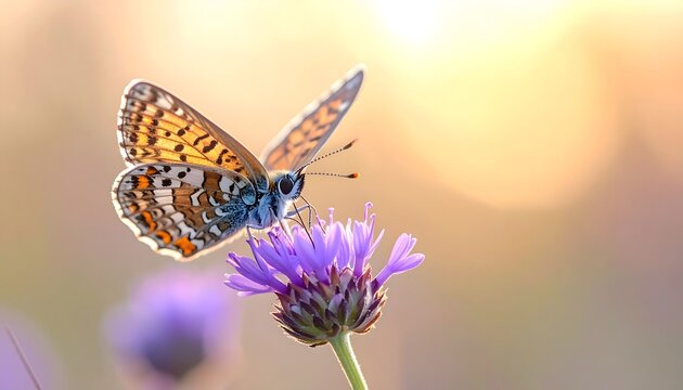 Mariposa posada sobre una flor violeta con fondo natural desenfocado e iluminaci&oacute;n c&aacute;lida