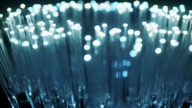 Close-up view of glowing fiber optic strands, a network of light transmitting data, technology background