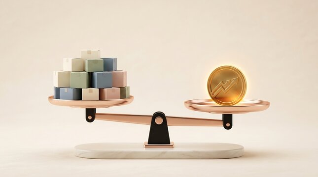 3D render of a copper balance scale weighing a stack of colorful product boxes against a gold coin with a growth arrow symbol on a marble base
