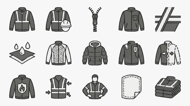 Sleek Collection of 15 Distinctive Monochrome Jacket Designs and Functional Icons for Clothing Branding