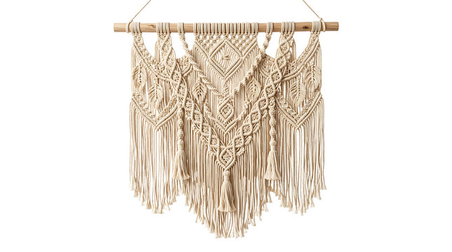 A decorative handmade macrame wall hanging with intricate geometric knot patterns and long fringe, isolated on a clean white background