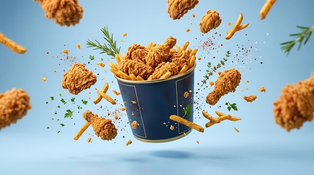 Dynamic Composition of Fried Chicken and French Fries Floating Around a Luxury Blue Bucket with Herbs and Spices