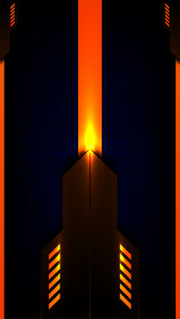 Futuristic gaming background with dark geometric spaceship design and neon orange glowing light effects on high tech grid texture vertical mobile wallpaper layout