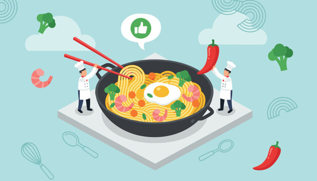 Creative illustration of tiny chefs preparing a delicious stir fry noodle dish in a large wok with fresh ingredients.