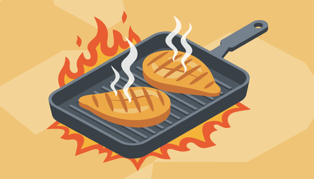 Hot chicken breast fillets cooking on a black grill pan over intense fire flames, delicious food illustration.