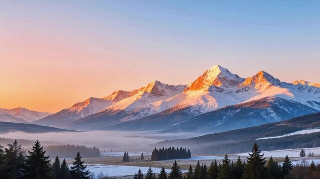 Snowy mountain range at sunrise