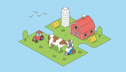 Fototapeta premium Isometric jigsaw puzzle board showing a rural farm scene with a cow, a red tractor, and a farm barn house.
