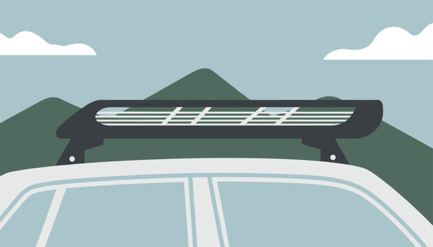 Roof rack with integrated solar panels mounted on top of a car with scenic green mountains under a cloudy sky behind.