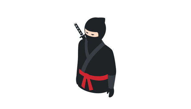 Isometric vector illustration of a stealthy ninja character in a black suit with a sword on his back and red belt.