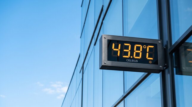 Digital thermometer displays high temperature on modern glass facade