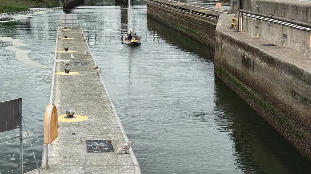 Sailboat passing through concrete lock gates on river