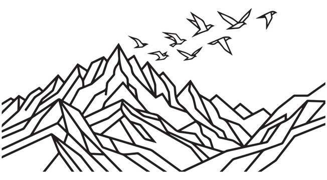 Geometric mountain range line art illustration with flock of birds for minimalist nature branding and outdoor adventure design