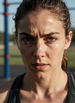 Close Portrait Of Adult Female With Determined Expression On Face To Engaged In Physical Activity As Evidenced By Sweat Glistening