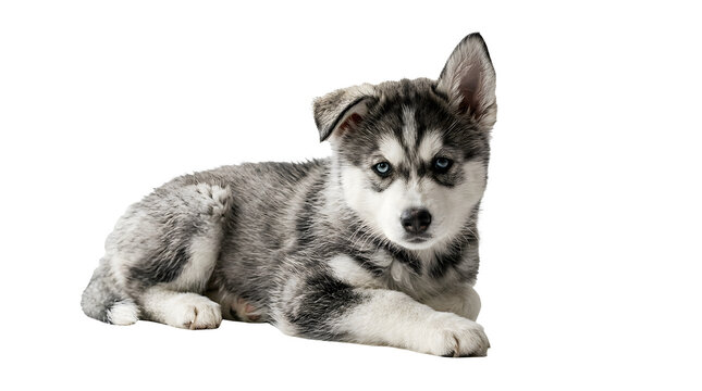 Siberian husky puppy lying down with one ear up isolated on white background, ideal for pet care, animal lovers, and veterinary design projects, and creative projects, high quality visuals