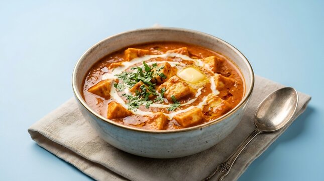 Creamy Paneer Butter Masala in a Ceramic Bowl with Fresh Cilantro and Cream Swirl