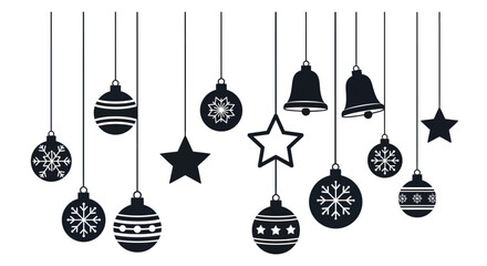 Black christmas ornaments and decorations hanging on strings with decorations including balls bells stars hanging collection black celebration © Asim