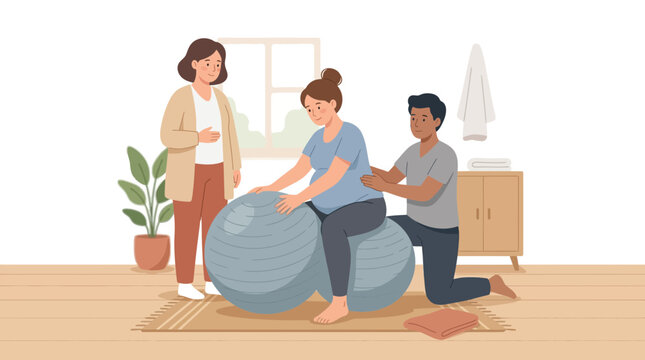 Pregnant Woman Exercising on Birthing Ball with Support from Partner and Midwife