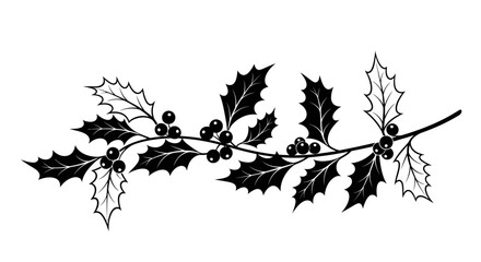 Black and white illustration of holly branch with berries with decoration christmas holiday botany leaves plant fruit © Asim