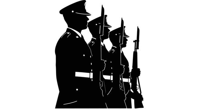 Silhouette of soldiers in uniform with rifles with uniform standing attention black silhouette three formation military security weapons with defense