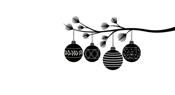 Black and white christmas ornaments hanging from a tree branch with illustration four christmas minimalist black hanging pine decorations with patterned