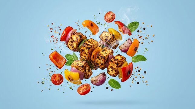 Grilled paneer tikka cubes levitating in mid-air with colorful bell peppers, red onions, cherry tomatoes, and fresh mint on a blue background