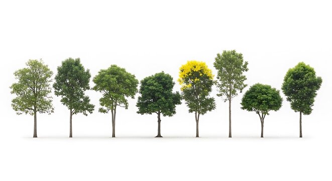 Several diverse trees aligned in a row against a solid white background, showcasing varied foliage