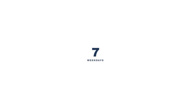Numeric countdown animation displaying changing weekdays with bold dark blue typography centered on a clean white minimalist motion video clip
