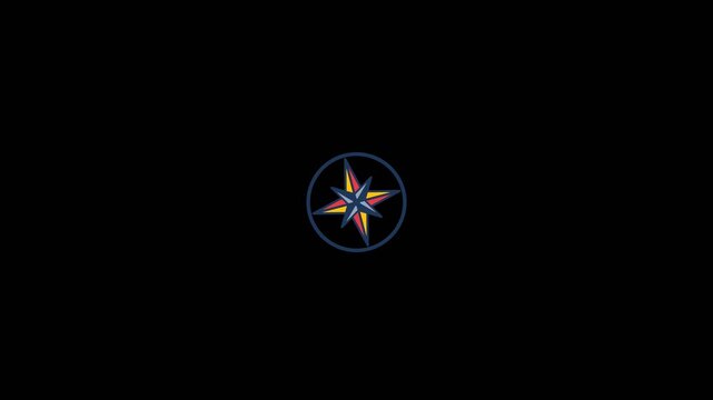 Compass rose icon featuring bold geometric shapes and vibrant colors in a smooth rotating digital animation motion video clip