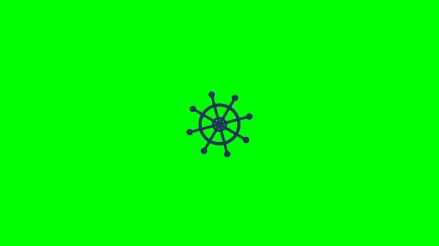 Ship steering wheel icon rotating in a smooth circular motion animation isolated on a bright vivid green screen video clip