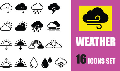 Naklejka premium Set of 16 weather forecast icons depicting various atmospheric conditions like sun, clouds, rain, wind, snow, and lightning in outline and solid styles.