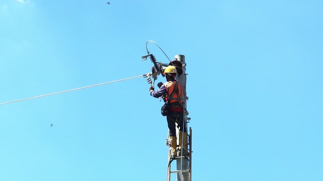 Utility Worker Installing Fuse Cutout (FCO) on Medium Voltage Power Distribution Line Using Protective Equipment