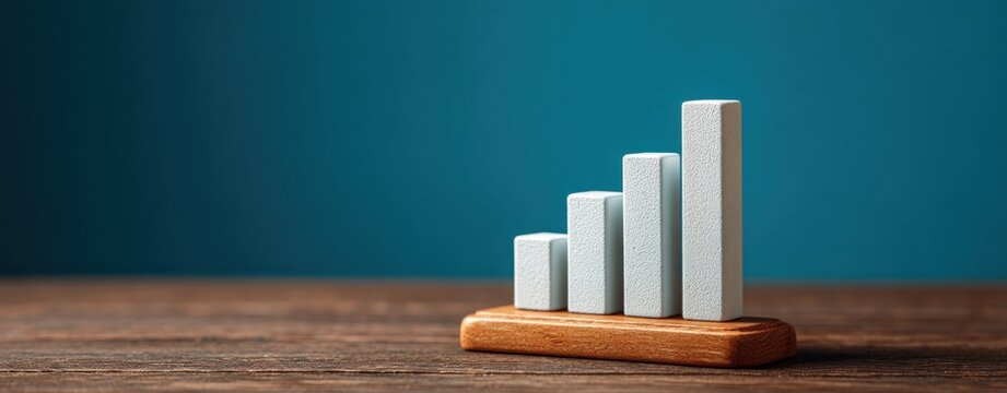 Wooden block bar chart showing business growth on wooden surface against blue background with copy space for professional financial presentations