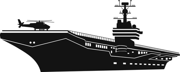 Naklejka premium Silhouette of aircraft carrier with helicopter on deck side view vector illustration on transparent background.