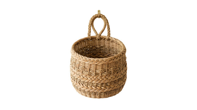 Woven rattan wall hanging basket isolated on white background, perfect for home decor, interior design, and boho style design projects, and creative projects, high quality visuals, modern