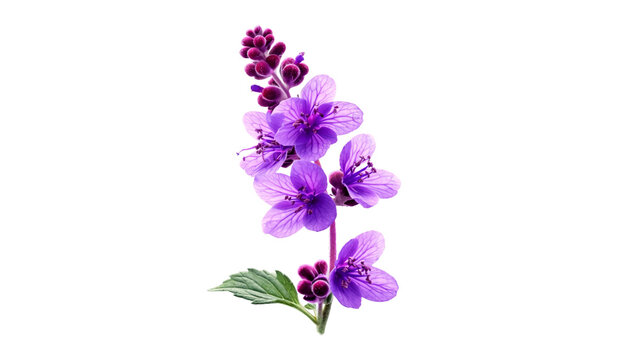 Patchouli flower with vibrant purple petals and unopened buds, isolated on transparent background. 