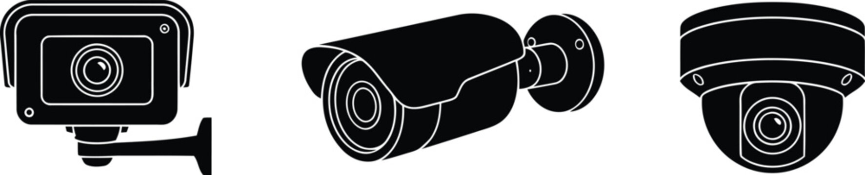 Set of black security surveillance cameras isolated on transparent background