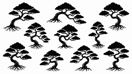 Fototapeta premium Elegant bonsai tree silhouette vectors isolated on white background.