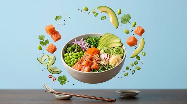 Healthy Poke Bowl with Raw Salmon, Avocado, and Edamame with Levitating Fresh Ingredients on a Light Blue Studio Background